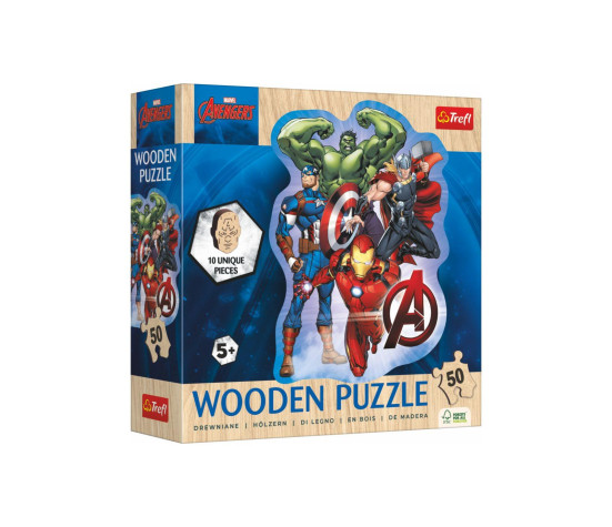 Puzzle dřevěné nepravidelné tvary Avengers 50 dílků 19,7x26,6cm v krabici 20x20x6cm
