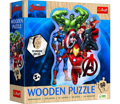 Puzzle dřevěné nepravidelné tvary Avengers 50 dílků 19,7x26,6cm v krabici 20x20x6cm