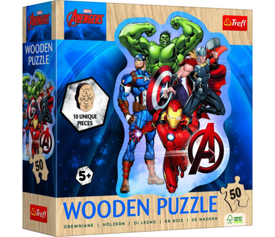 Puzzle dřevěné nepravidelné tvary Avengers 50 dílků 19,7x26,6cm v krabici 20x20x6cm