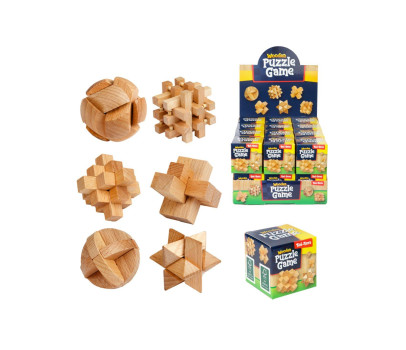 Hlavolam 3D puzzle dřevo mix druhů v krabičce 5x5cm 24ks v boxu