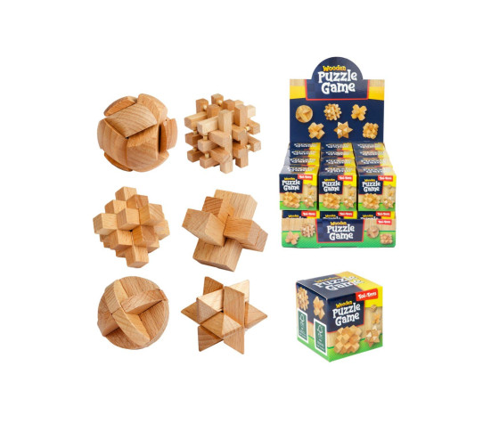 Hlavolam 3D puzzle dřevo mix druhů v krabičce 5x5cm 24ks v boxu