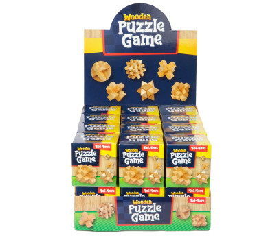Hlavolam 3D puzzle dřevo mix druhů v krabičce 5x5cm 24ks v boxu