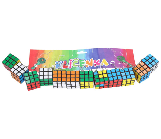 Přívěsek na klíče/Klíčenka hlavolam/kostka plast 3x3cm 12ks na kartě
