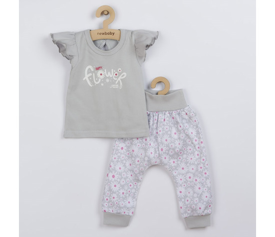 2-dílná kojenecká bavlněná souprava New Baby Happy Flower šedá, Šedá 62 (3-6m)