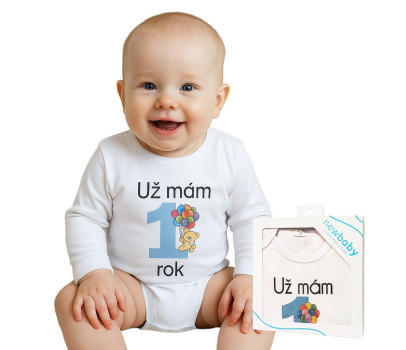Body s potiskem New Baby Už mám 1 rok modré - dárkové balení, Modrá 80 (9-12m)