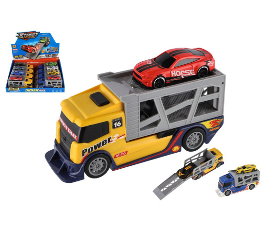 Auto kamion přepravník + auto plast 15cm na volný chod 2 barvy 8ks v boxu