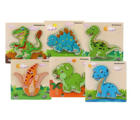 Vkládačka/Puzzle deskové dřevo dinosauři mix druhů v sáčku 16x15cm