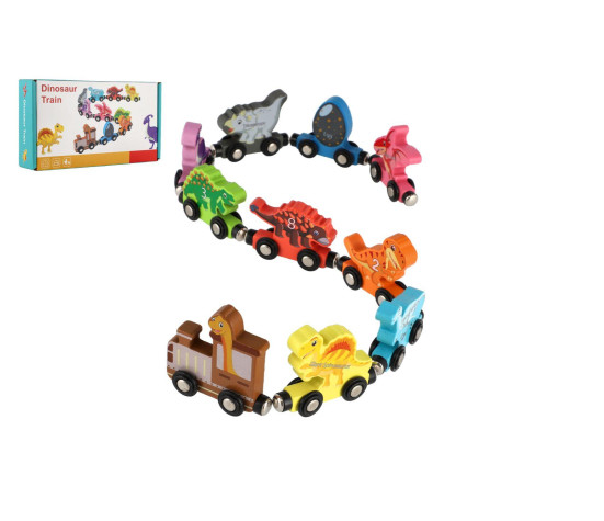 Vlak/Vláček s vagóny dinosaurus na magnety 10ks dřevo v krabičce 20x11cm