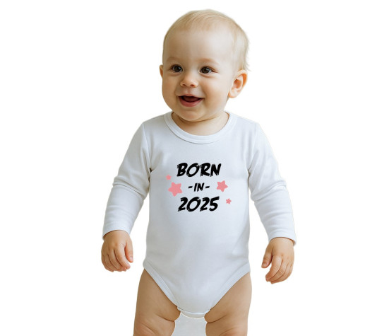 Dětské body s potiskem New Baby BORN IN 2025 pink, Bílá 68 (4-6m)