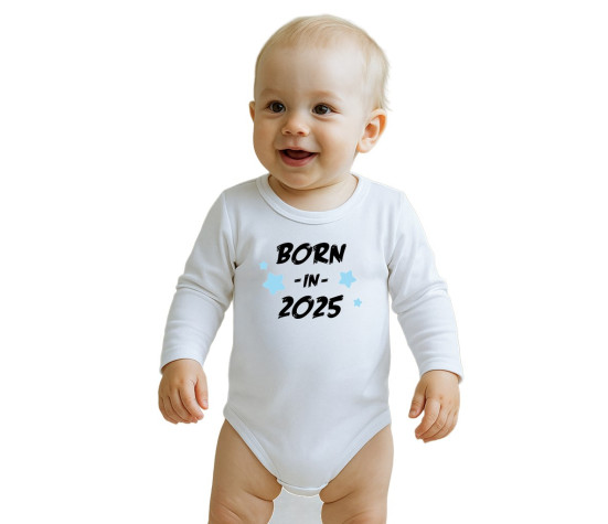 Dětské body s potiskem New Baby BORN IN 2025 blue, Bílá 68 (4-6m)