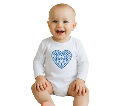 Dětské body s potiskem New Baby Lidový vzor modré srdíčko, Modrá 62 (3-6m)