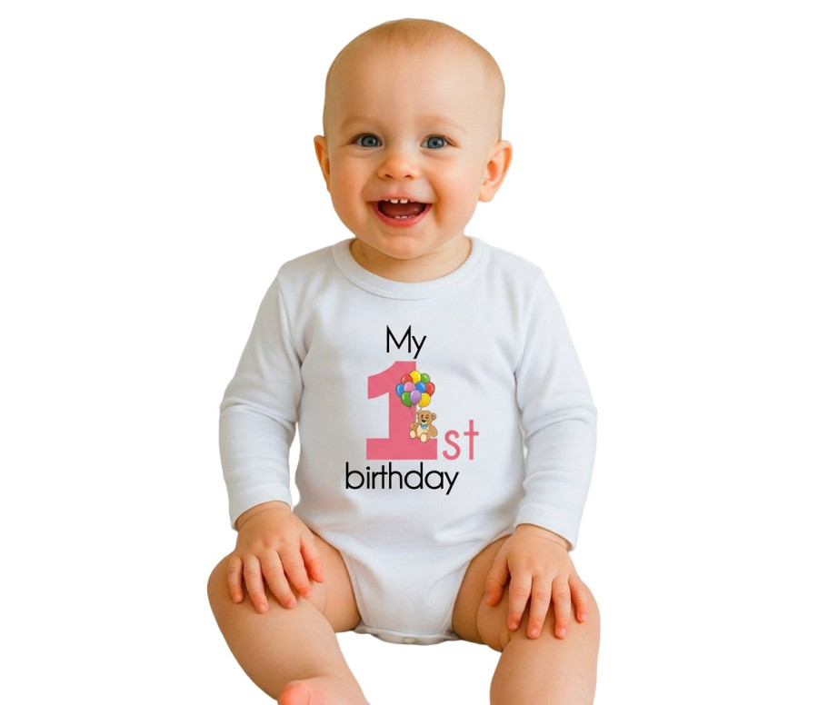 Dětské body s potiskem New Baby My first birthday pink, Růžová 80 (9-12m)