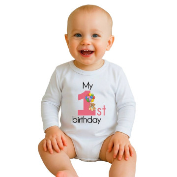 Dětské body s potiskem New Baby My first birthday pink, Růžová 80 (9-12m)