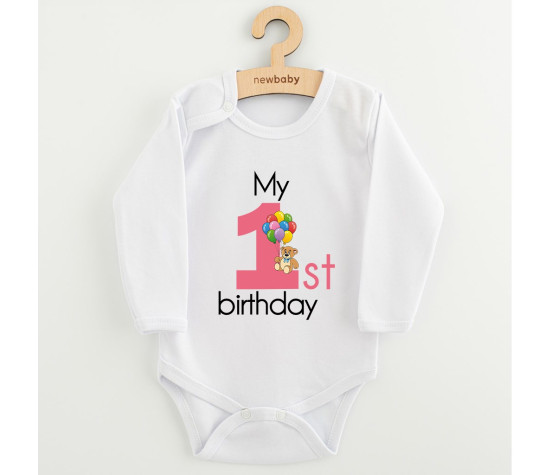Dětské body s potiskem New Baby My first birthday pink, Růžová 80 (9-12m)