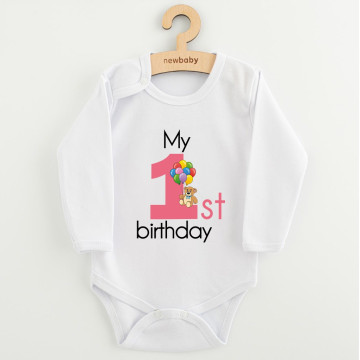 Dětské body s potiskem New Baby My first birthday pink, Růžová 80 (9-12m)