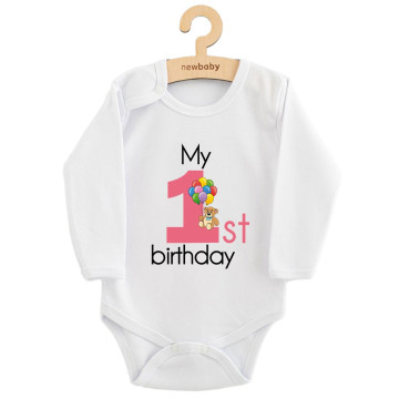 Dětské body s potiskem New Baby My first birthday pink, Růžová 80 (9-12m)