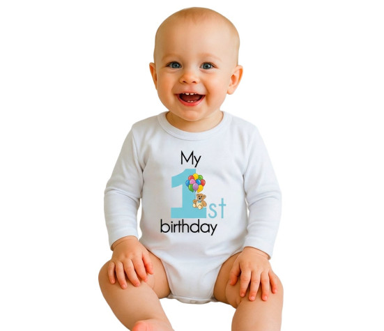 Dětské body s potiskem New Baby My first birthday blue, Modrá 86 (12-18m)