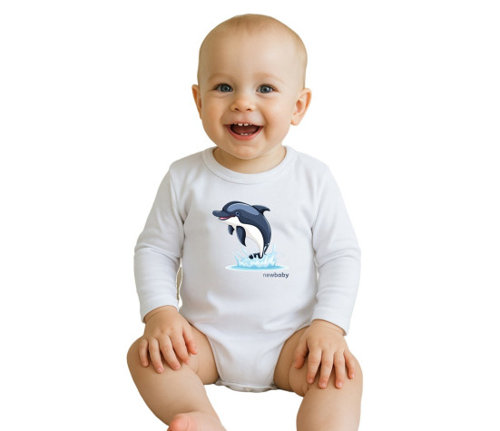 Dětské body s potiskem New Baby Dolphin- krátký rukáv, Bílá 56 (0-3m)
