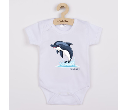 Dětské body s potiskem New Baby Dolphin- krátký rukáv, Bílá 80 (9-12m)