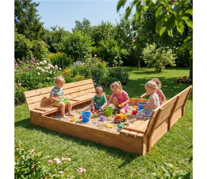 Dětské dřevěné pískoviště s poklopem a lavičkami Baby Mix 180x180 cm, Přírodní