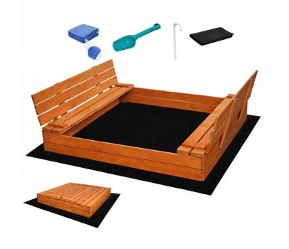 Dětské dřevěné pískoviště s poklopem a lavičkami Baby Mix 180x180 cm, Přírodní