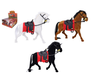 Kůň fliška se sedlem 17cm s doplňky 3 barvy v plastové krabičce 18x17cm 12ks v boxu
