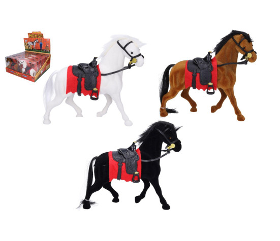 Kůň fliška se sedlem 17cm s doplňky 3 barvy v plastové krabičce 18x17cm 12ks v boxu