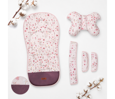Vložka do kočárku set deluxe 4v1 – oboustranná, velvet a bavlna, květinky, růžová