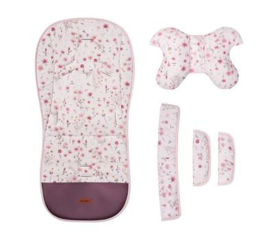 Vložka do kočárku set deluxe 4v1 – oboustranná, velvet a bavlna, květinky, růžová