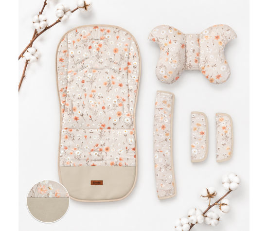Vložka do kočárku set deluxe 4v1 – oboustranná, velvet a bavlna, květinky, béžové