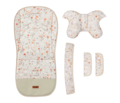 Vložka do kočárku set deluxe 4v1 – oboustranná, velvet a bavlna, květinky, béžové