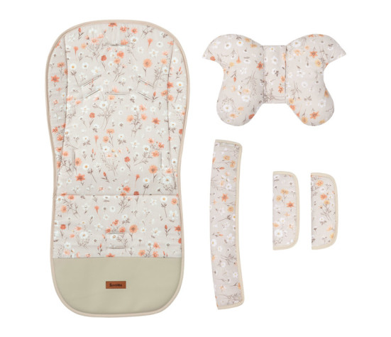 Vložka do kočárku set deluxe 4v1 – oboustranná, velvet a bavlna, květinky, béžové