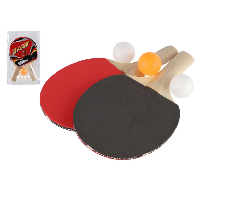 Sada stolní tenis/ping pong pálky dřevěné 2ks + míčky 3ks v blistru 19x30cm
