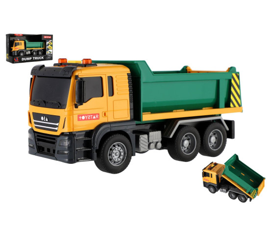 Auto nákladní plast 25cm na setrvačník na baterie se světlem se zvukem v krabici 31x19cm