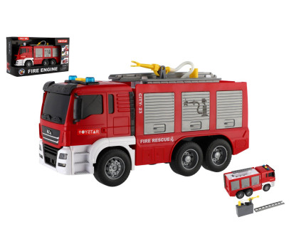 Auto hasičské plast 25cm na setrvačník na baterie se světlem se zvukem v krabici 31x19cm