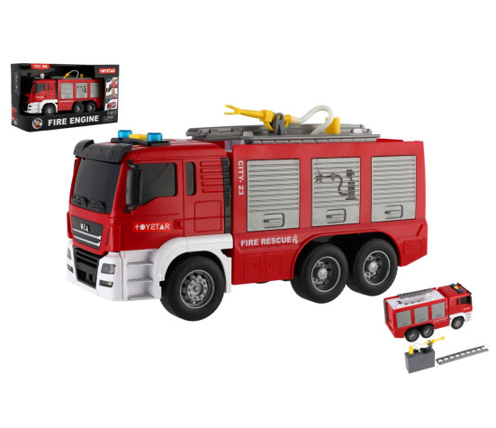 Auto hasičské plast 25cm na setrvačník na baterie se světlem se zvukem v krabici 31x19cm