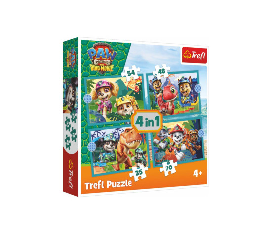 Puzzle 4v1 Tlapková patrola/Paw Patrol Dino Movie: Příběhy z ostrova dinosaurů v krabici 28x28x6cm