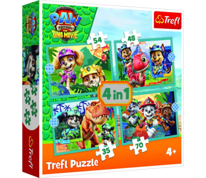 Puzzle 4v1 Tlapková patrola/Paw Patrol Dino Movie: Příběhy z ostrova dinosaurů v krabici 28x28x6cm