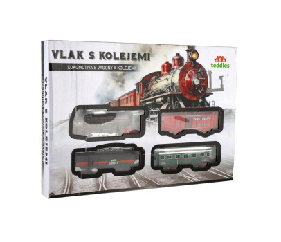 Vlak + 3 vagóny s kolejemi plast na baterie se světlem v krabici 35x24,5x4cm