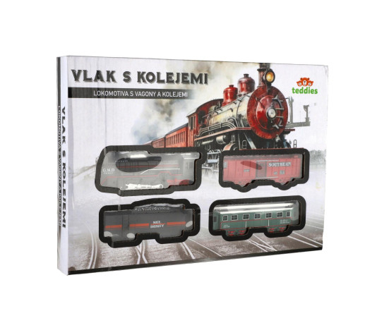 Vlak + 3 vagóny s kolejemi plast na baterie se světlem v krabici 35x24,5x4cm