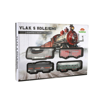 Vlak + 3 vagóny s kolejemi plast na baterie se světlem v krabici 35x24,5x4cm