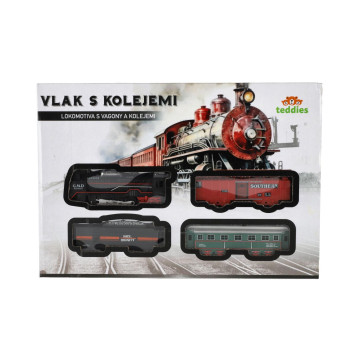 Vlak + 3 vagóny s kolejemi plast na baterie se světlem v krabici 35x24,5x4cm