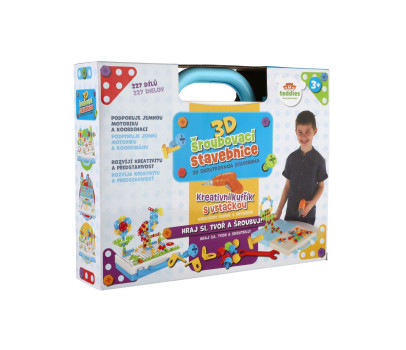 Stavebnice 3D šroubovací plast kreativní kufřík s vrtačkou na baterie se šablonami v krabici 31x24cm