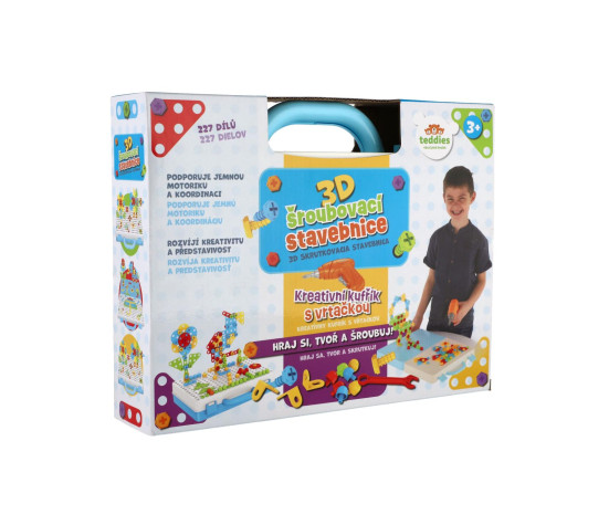 Stavebnice 3D šroubovací plast kreativní kufřík s vrtačkou na baterie se šablonami v krabici 31x24cm