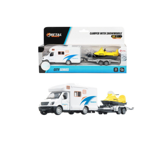 Auto obytné se sněžným skútrem kov/plast 22cm na zpětné natažení v krabičce 24x12x6cm