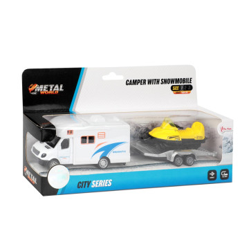 Auto obytné se sněžným skútrem kov/plast 22cm na zpětné natažení v krabičce 24x12x6cm