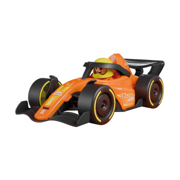 Závodní vůz formule 21cm s figurkou oranžová v krabici 22x10,5x11cm 24m+