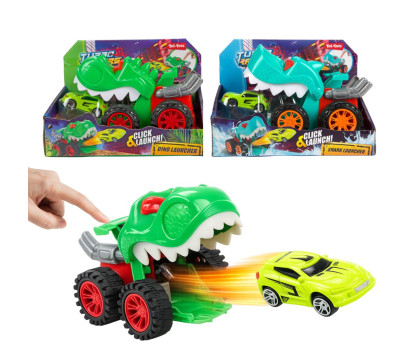 Auto dinosarus 18cm na volný chod vystřelující autíčko 2 barvy v krabici 22x16x13cm
