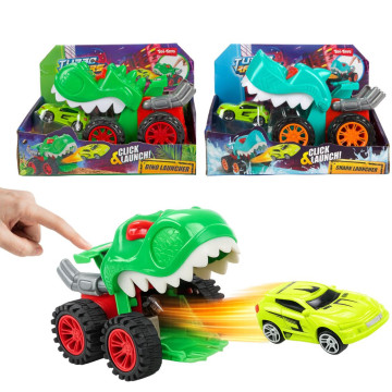 Auto dinosarus 18cm na volný chod vystřelující autíčko 2 barvy v krabici 22x16x13cm