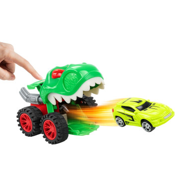 Auto dinosarus 18cm na volný chod vystřelující autíčko 2 barvy v krabici 22x16x13cm